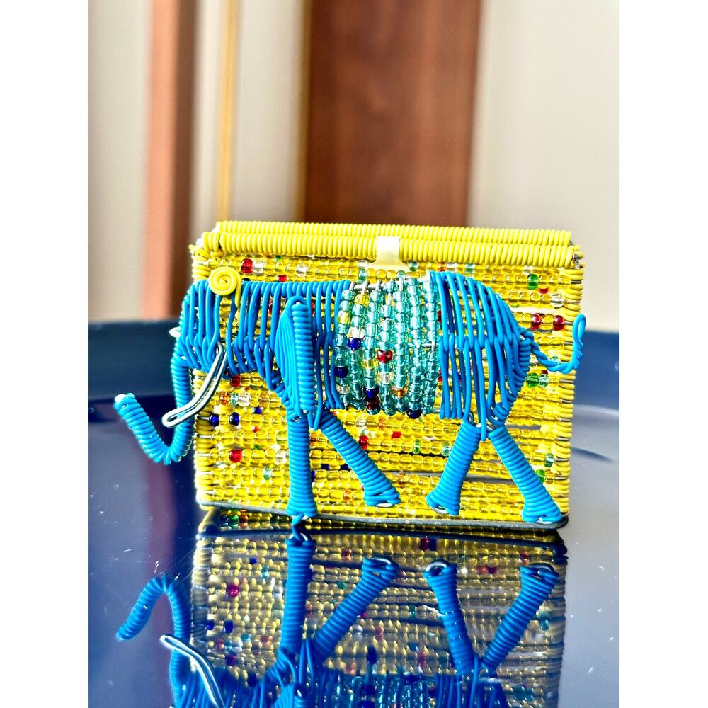 Handmade African Elephant Beaded Business Card Holder Blue Yellow Kenya Traveler